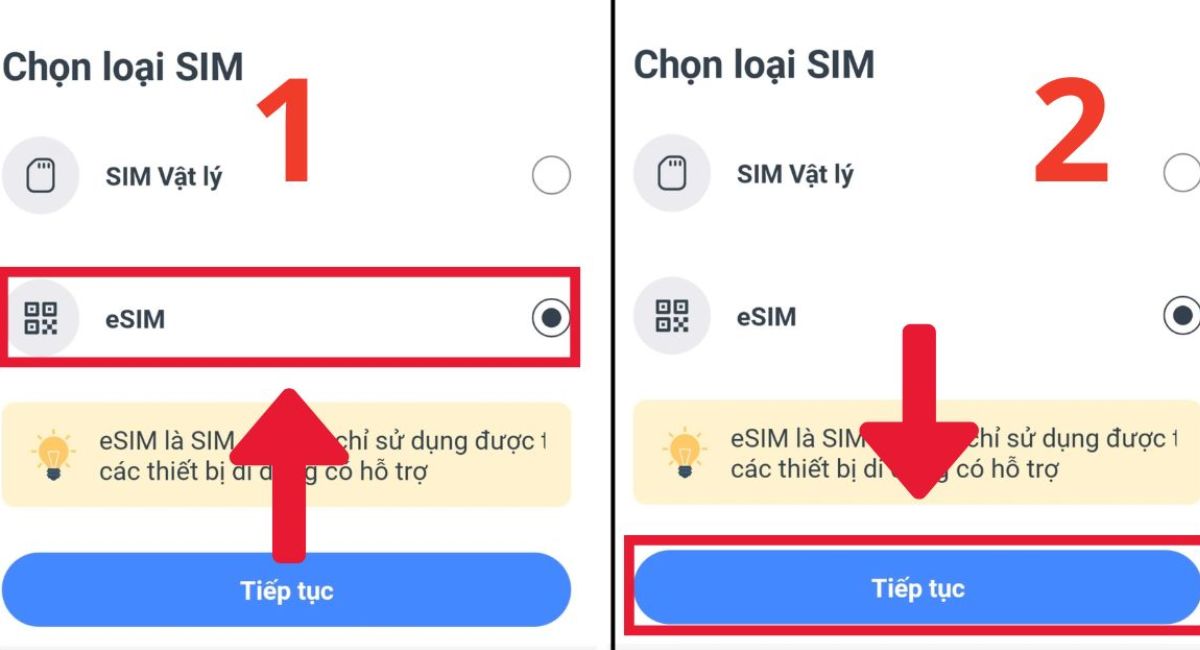 Bấm chọn eSIM - bấm Tiếp tục
