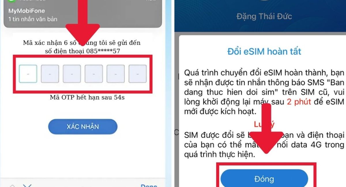 Nhập mã OTP và kích hoạt eSIM