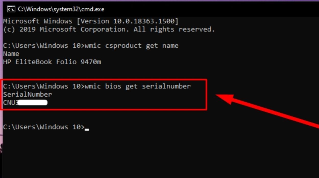 Gõ wmic bios get serialnumber để xem số seri thiết bị