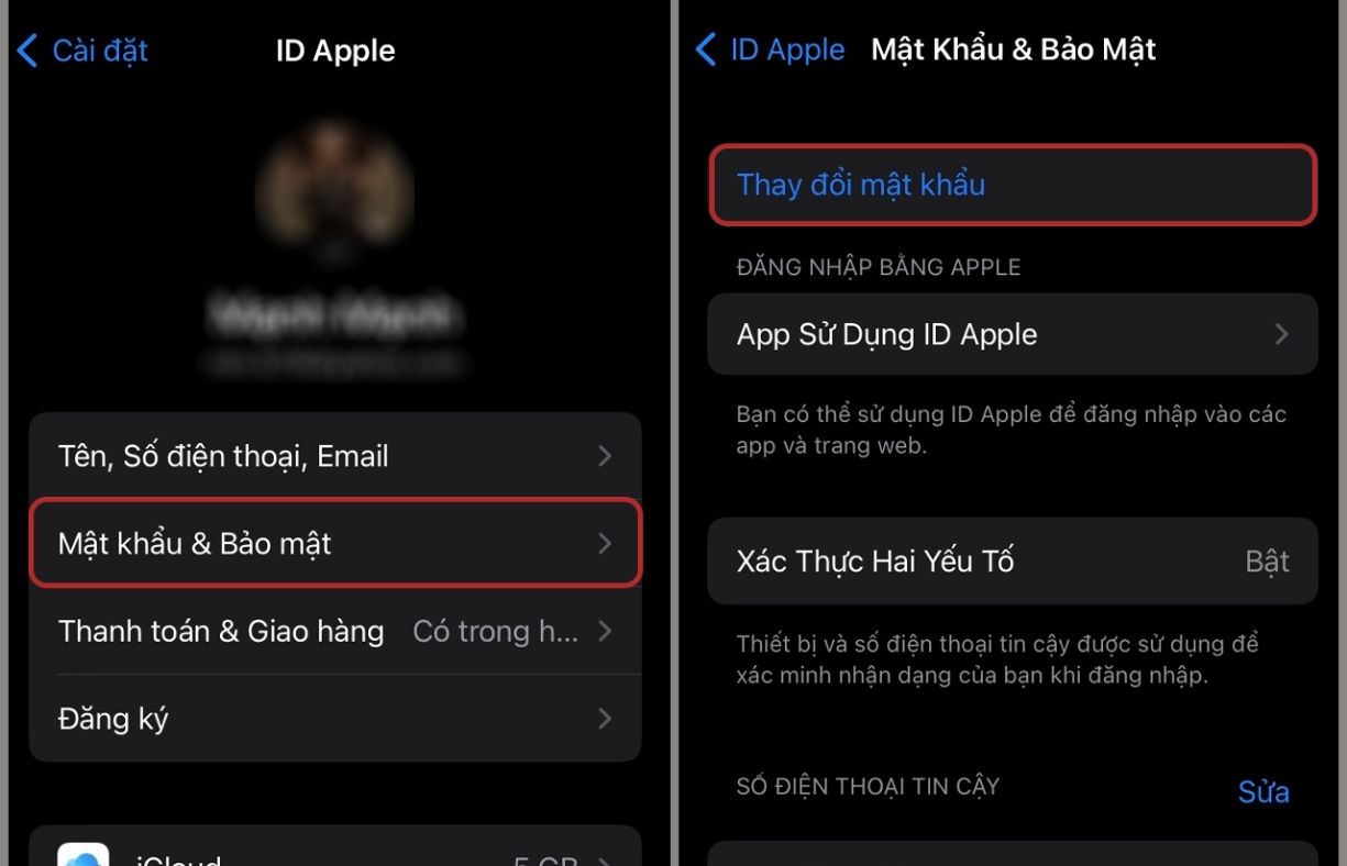 Mật khẩu & Bảo mật → bấm Thay đổi mật khẩu