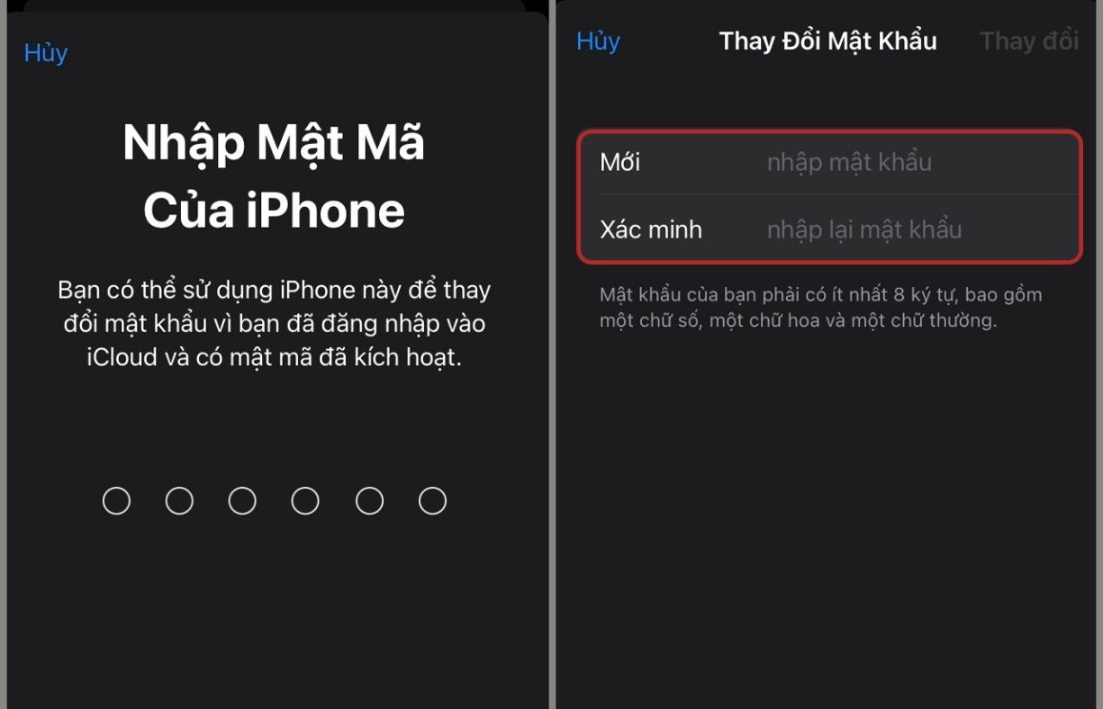 Nhập mật khẩu mở khóa iPhone của bạn → nhập mật khẩu iCloud mới → xác nhận lại để hoàn tất
