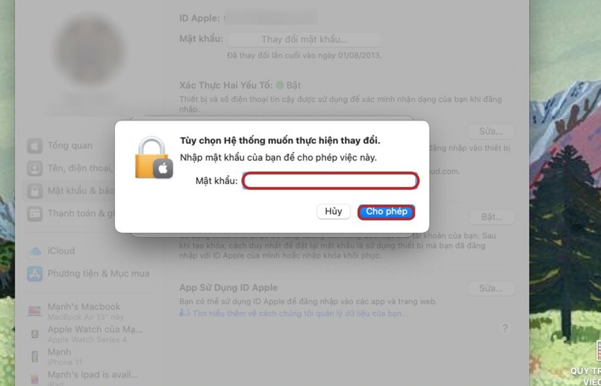 Nhập mật khẩu mở khóa MacBook → chọn Cho phép