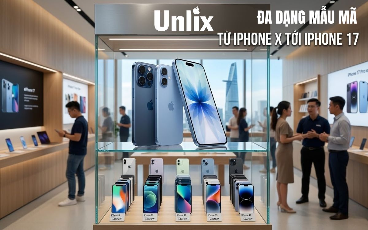Cửa hàng trưng bày đầy đủ các dòng máy từ iPhone X tới iPhone 17 tại hệ thống Unlix